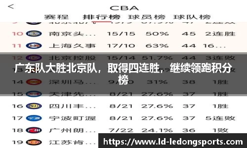广东队大胜北京队，取得四连胜，继续领跑积分榜